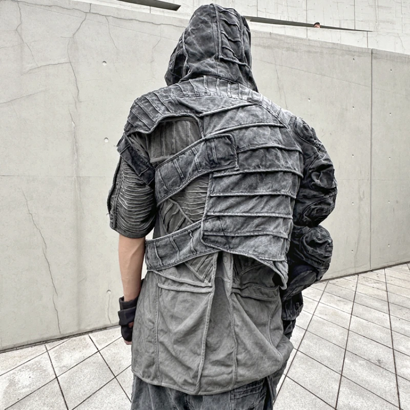 Casaco Assimétrico com Chapéu para Homens e Mulheres, Roupa Original, Avant-Garde, Wasteland Techwear, Designer