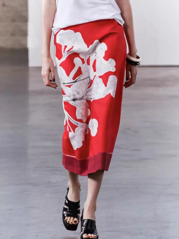 Taille haute imprimé jupe portefeuille droite mélange lin été nouveau femmes Faion mi-longue a-ligne jupes plante florale