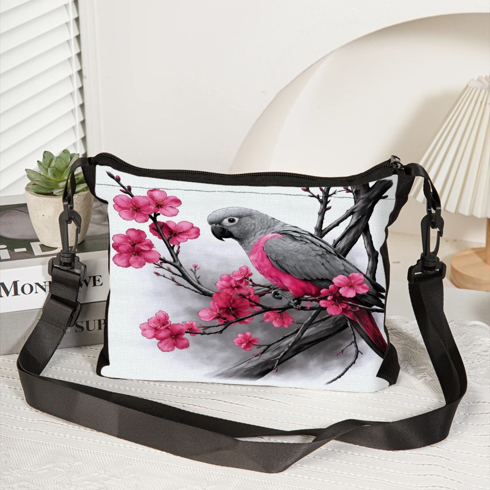 Stylish Crossbody Bag White With Pink Parrot And Cherry Blossom Print Shoulder Bags For Women Casual Outdoor Travel Shopping And