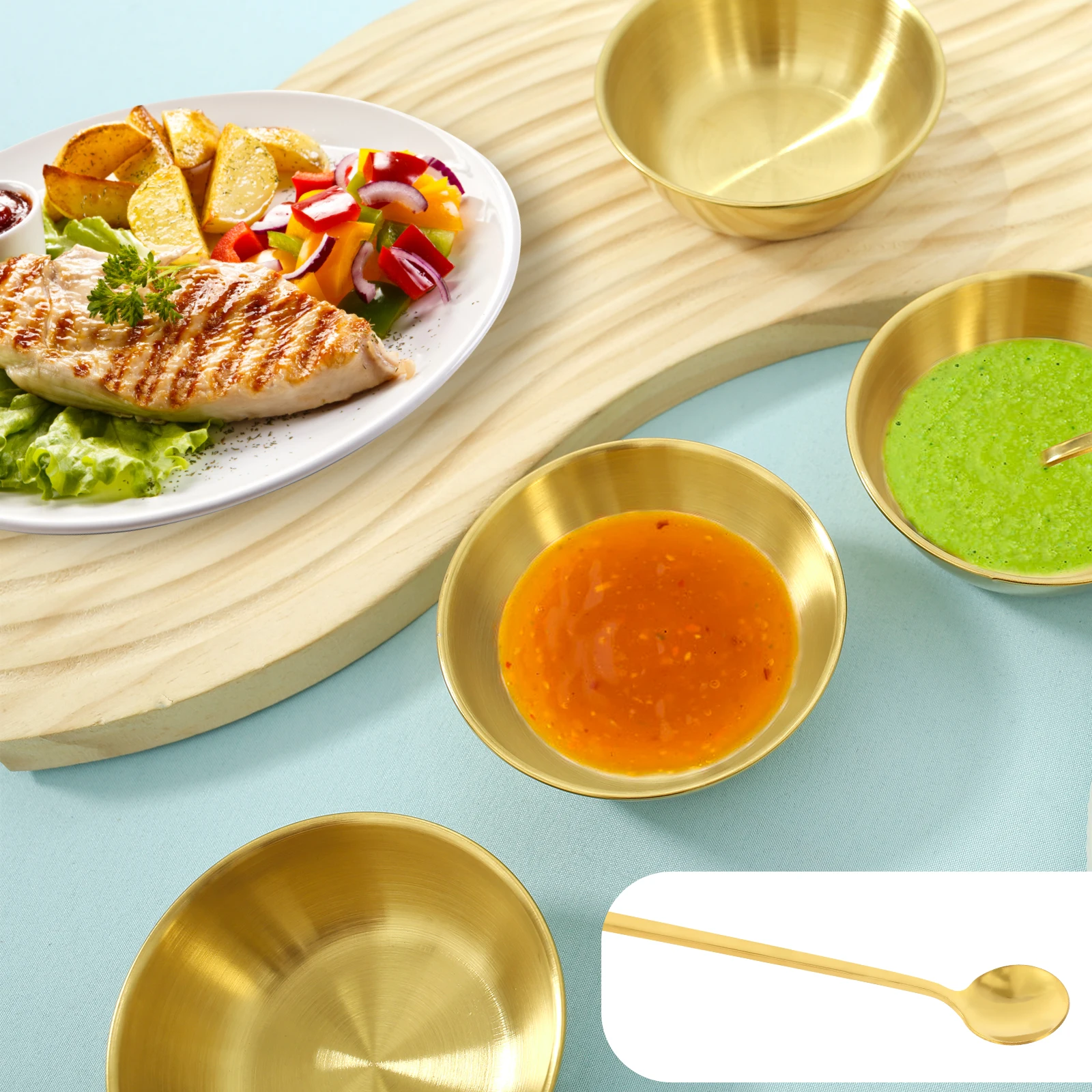 12/6pc Sauce Cup Seasoning Spice Dishes Stainless Steel Dip Bowls with Spoon for Tomato Mustard Sauce Tapas Bowl Mini Tableware