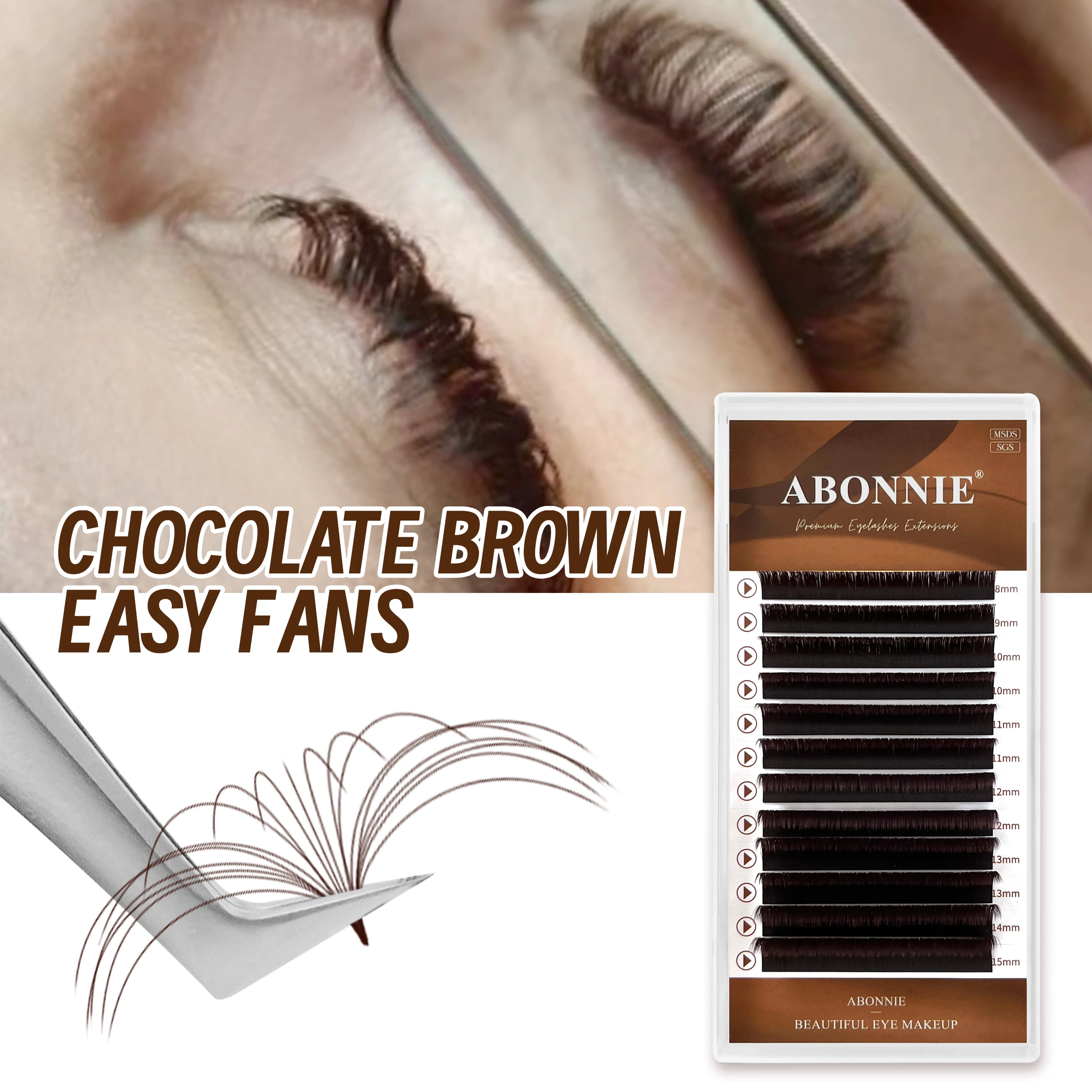 ABONNIE Chocolate Brown Easy Fan Lashes C CC D Curl Volume Extensions Brown Mega Blooming Fans Eyelash Extension Cilios