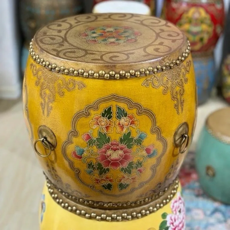 New Chinese Style Solid Wood Stool, Hand-Painted Round Ottoman for Entryway & Balcony, Multifunctional Decor Bench & Side Table