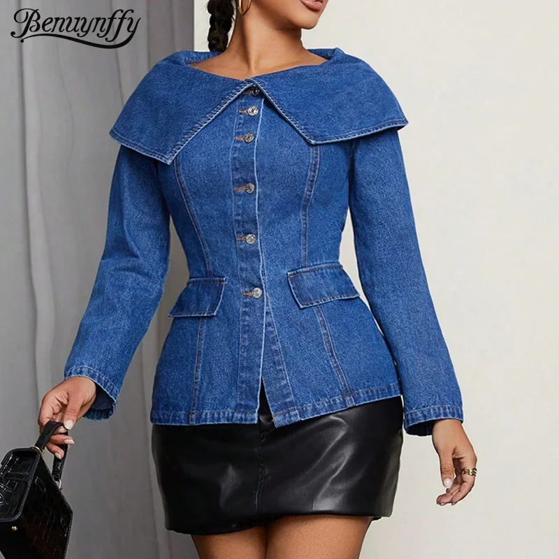 

Benuynffy, винтажный джинсовый топ на пуговицах, женский осенний 2021, элегантный вечерний модный женский повседневный тонкий джинсовый топ с длинными рукавами, топы