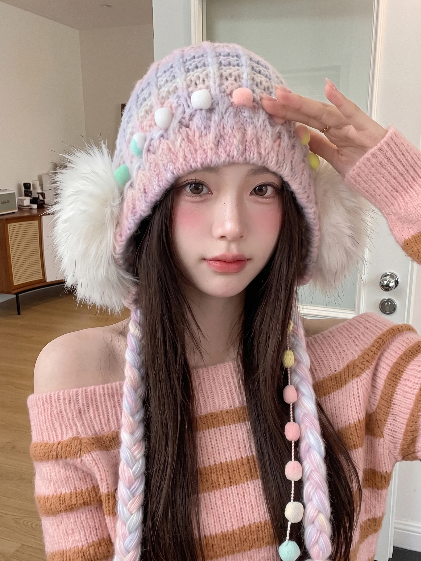 Korean Style Gradient Furry Knitted Hat Women's Autumn Winter Warm Large Head Size Cold Hat Sweet Versatile Atmosphere Knitwear
