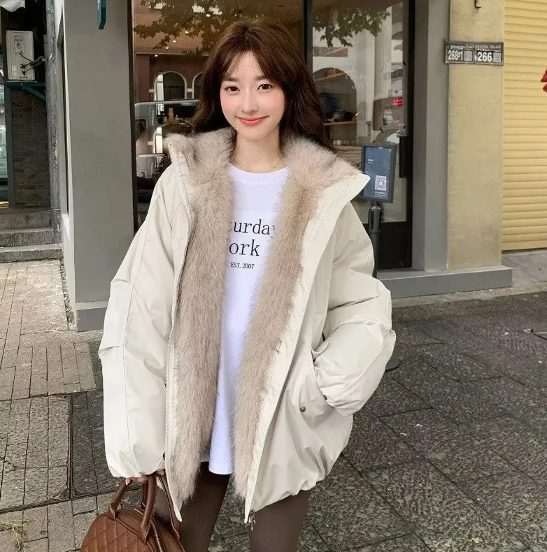 

Fur Collar Short Length Loose Fit Thickened American Style Cotton Jacket Women's Splicing Flower Bud Design Coat