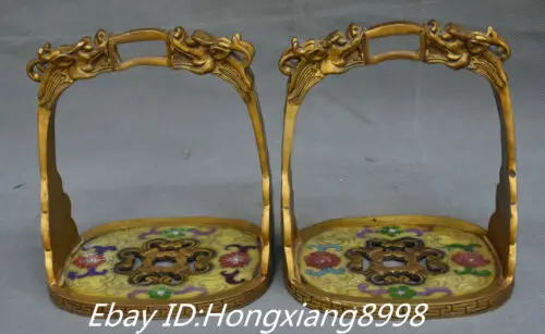 6” Old China Cloisonne Enamel Gilt Ancient Dragon head horse saddle Statue Pair