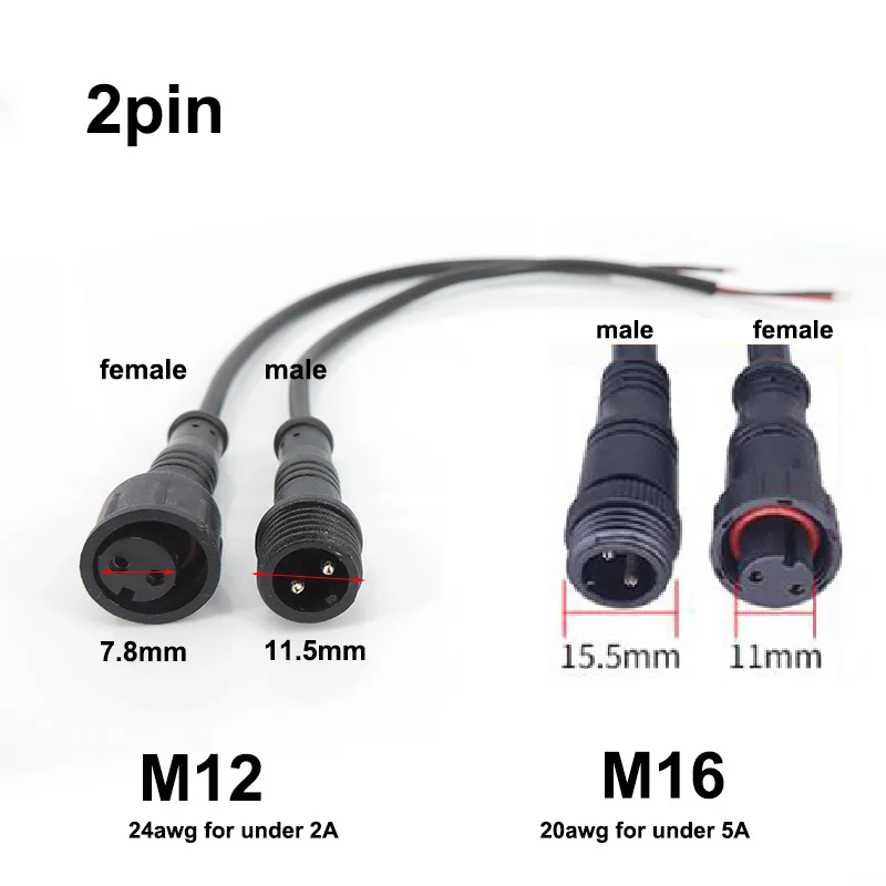 M12 M16 Waterproof 2 Pin core DC Male Female Jack nut IP65 Cable Wire power supply connector lead Plug for LED Strip light