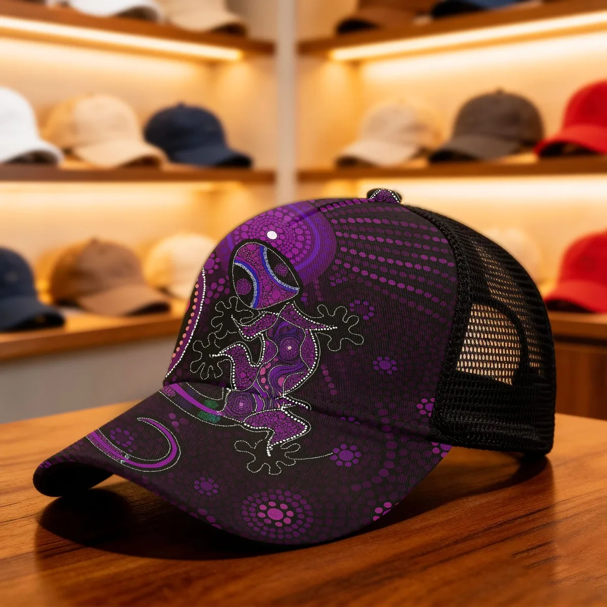 1pc Gecko Dot Art Line Boho & Tribal Style All Over Print Duckbill Hat Mesh Cap for Men Women Trendy Headgear Fitted