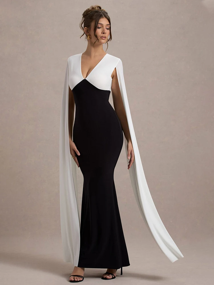 Mozision Cape Sleeve V Neck Sexy Maxi Dress For Women White Black Patchwork Backless Bodycon Evening Sexy Long Dress Elegant