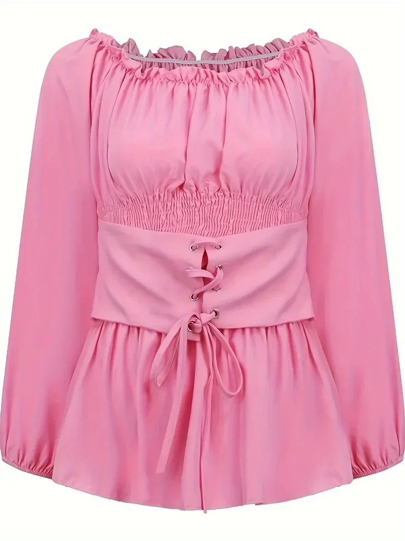 ผู้หญิง PLUS ขนาด 1XL-5XL ฤดูร้อนแฟชั่นอเนกประสงค์สีทึบเสื้อปิดไหล่ Lace Up Corset เสื้อแขนยาว