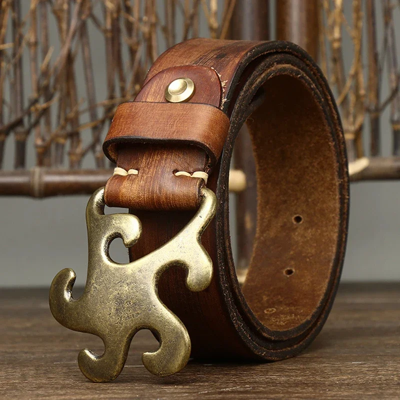 38-センチメートル男の高品質本革ベルト高級真鍮スムーズなユーズド加工バックル男性ベルト純粋な牛革ヴィンテージ男性ジーンズベルト