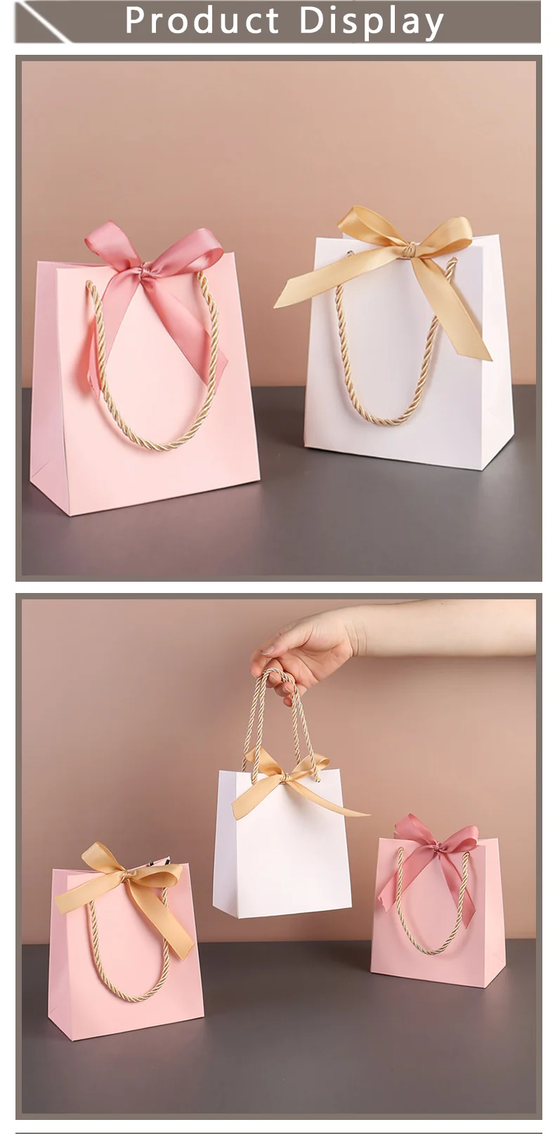 10 Stück leere Papier-Geschenktüten für Feiertage, Geburtstagsfeiern, weiß, schwarz, rosa, kleine Geschenktüten mit Tragegriff – Detail 3