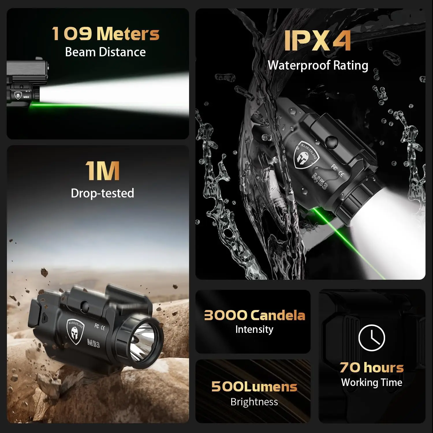 لـ S&W SD9 VE / SD40 VE، MB3 Light Kydex Holster، 500 لومن عالمي مثبت على السكك الحديدية الضوء الأخضر #4