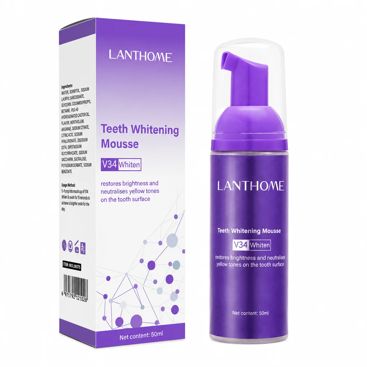 V34 Paarse Tandenbleekmousse & - Teeth Whitening Mousse recensie en prijs