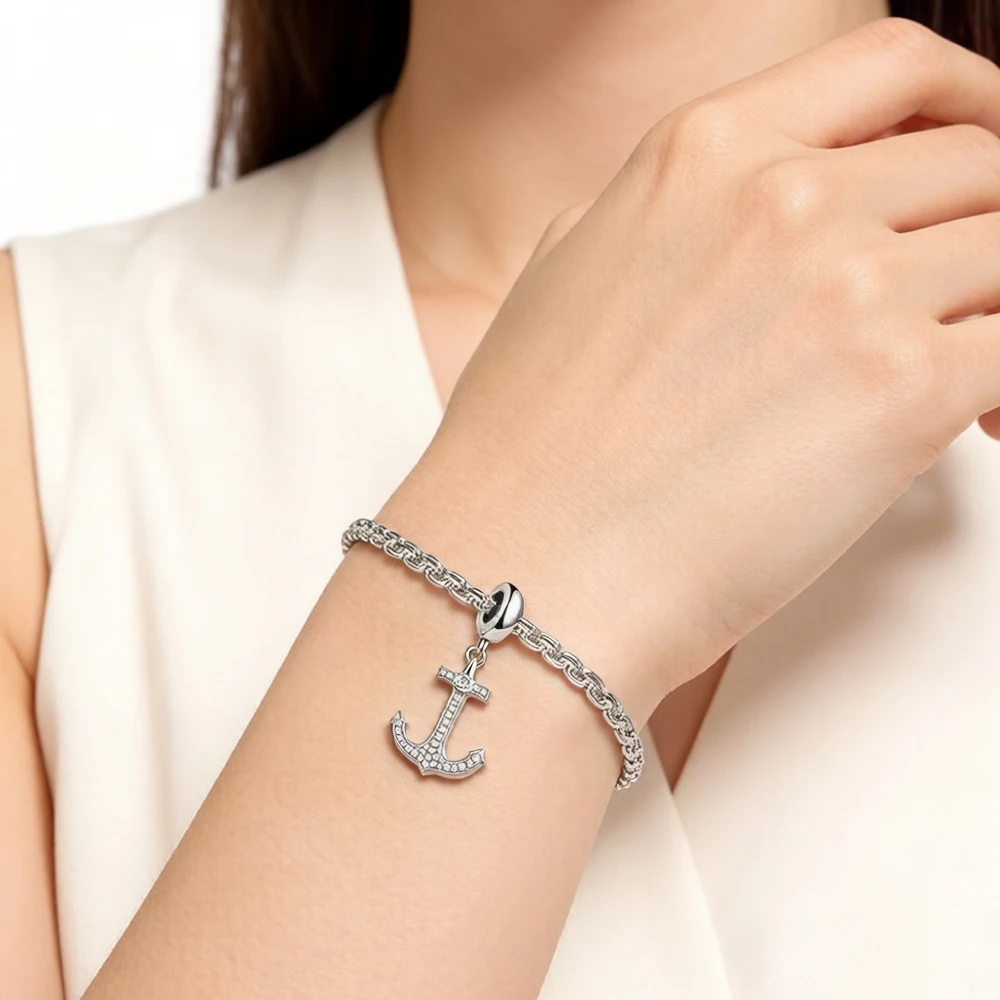 White Anchor Dangle Charm Pendant Europe Fine Jewelry Women Men Lucky Trendy Gift In 925 Sterling Silver