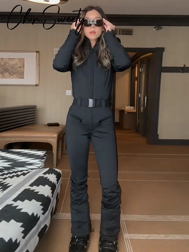 شيك فو الفراء المرقعة المرأة بذلة التزلج عالية حزام خصر سحابات جيب سيدة ملابس التزلج 2025 الشتاء الربيع الإناث رومبير