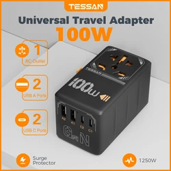 TESSAN Hot Sale Travel Adapter 100W Universal Power Adapter with Dual USB Port & 2 Type C Universal Adaptor UK/EU/AU/US Plug