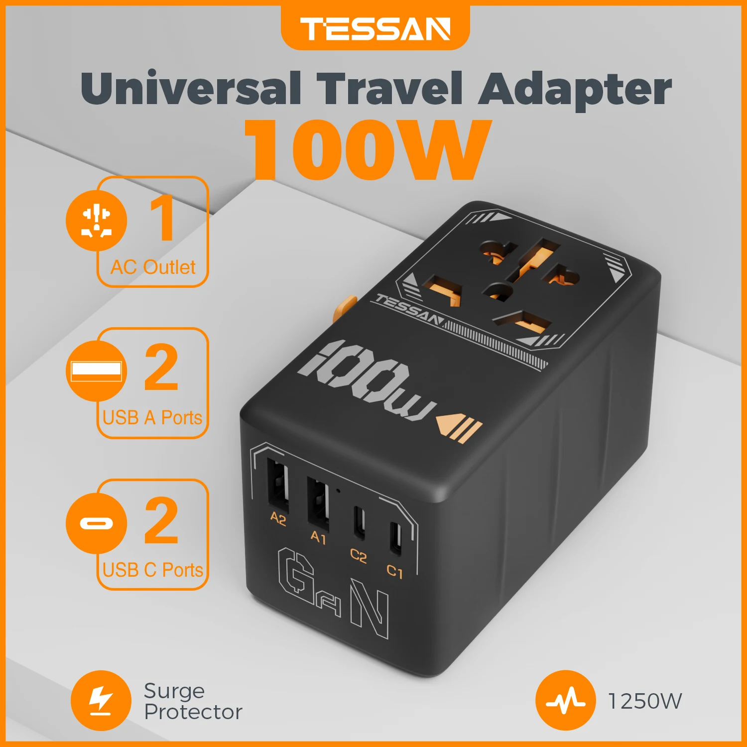 TESSAN Hot Sale Travel Adapter 100W Universal Power Adapter with Dual USB Port & 2 Type C Universal Adaptor UK/EU/AU/US Plug