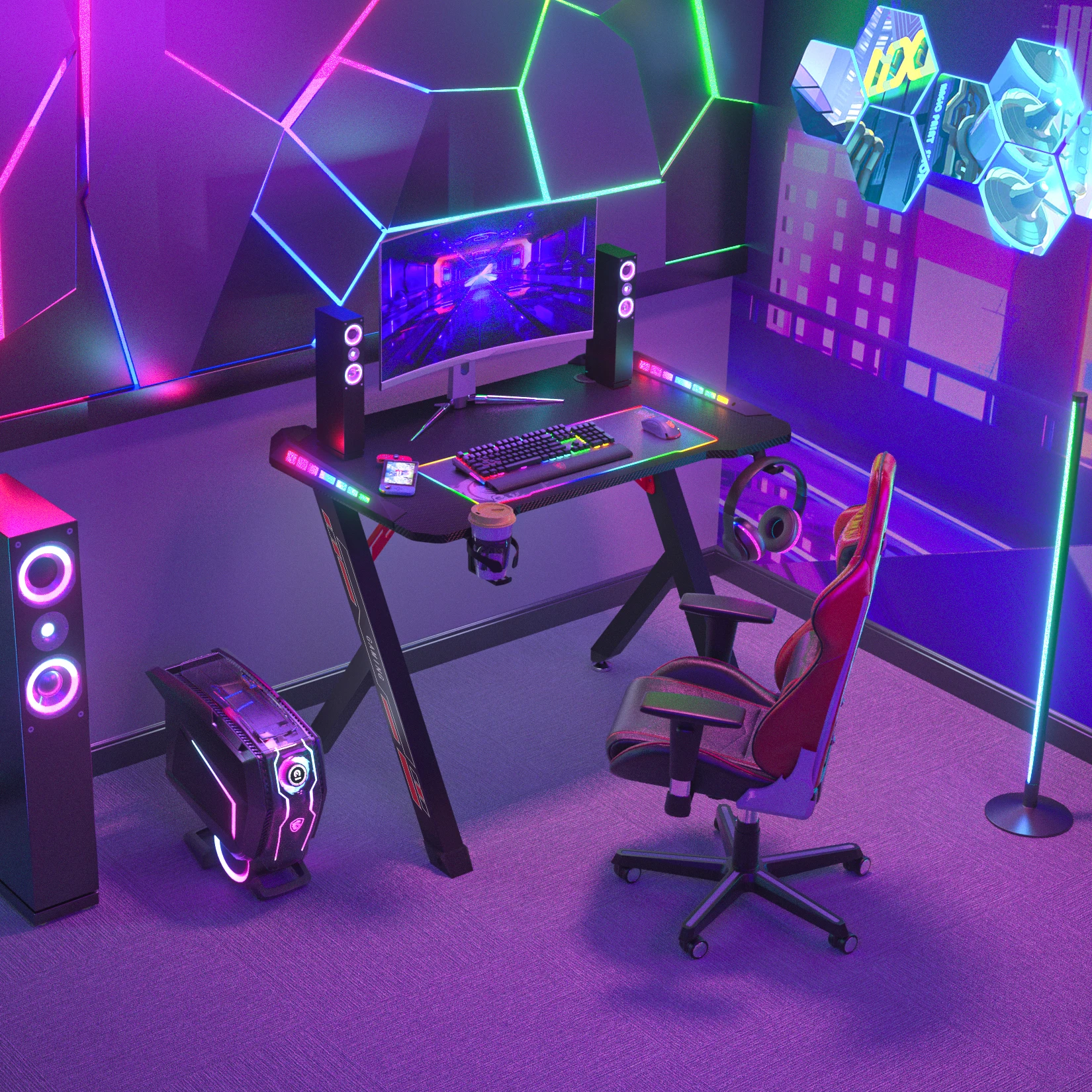 100cm/120cm RGB Gaming Desk Computer Table with LED Lights and Cup Holder