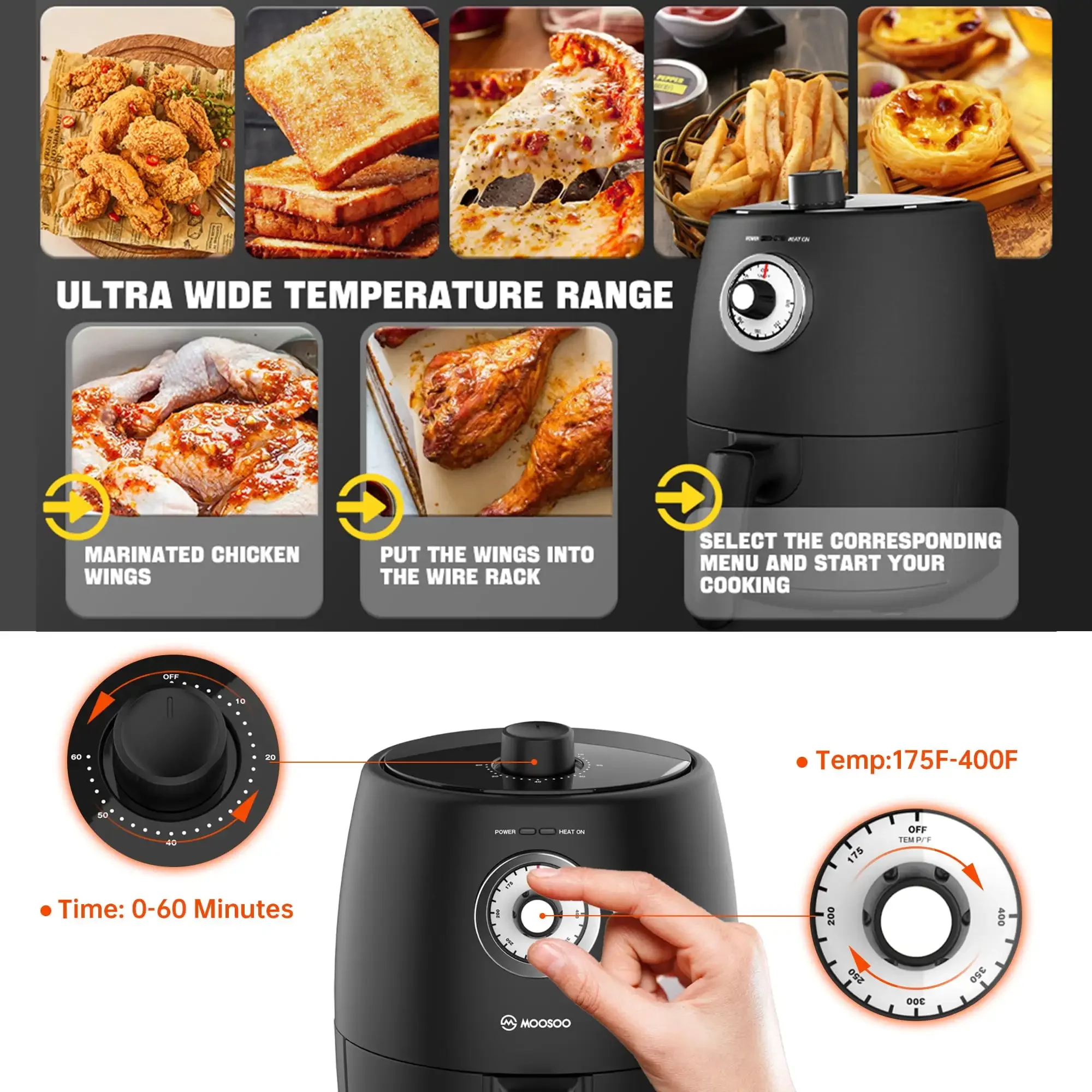 NEW 2 Quart Small Air Fryer with 50pcs Air Fryer Paper Liners, 1200W, New, Black, Nonstick Basket , 100 Recipes