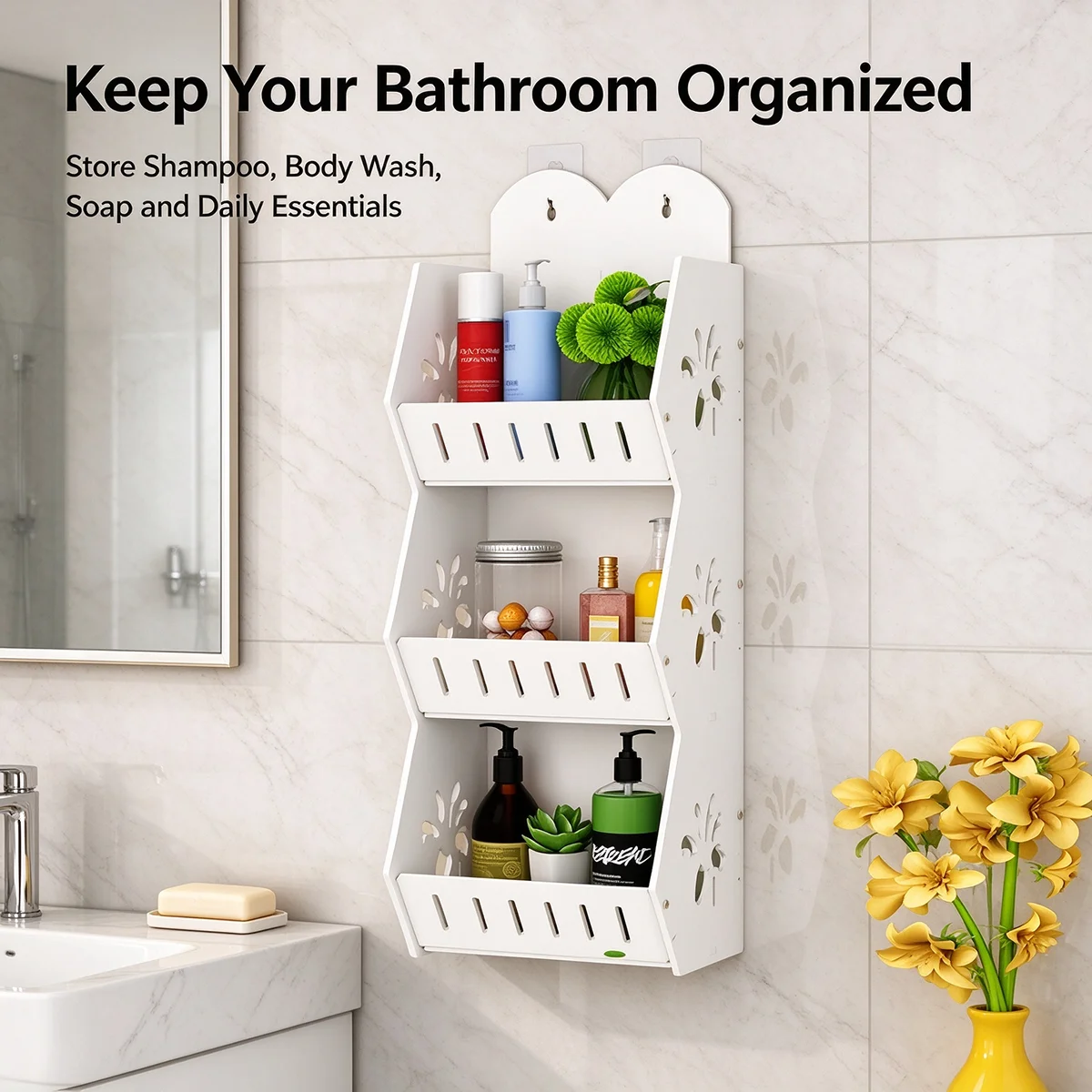 3-Tier Bathroom Wall Mounted Storage Shelf, No Drilling Organizer Rack with Hollow Design for Shampoo, Body Wash, Skincare and S