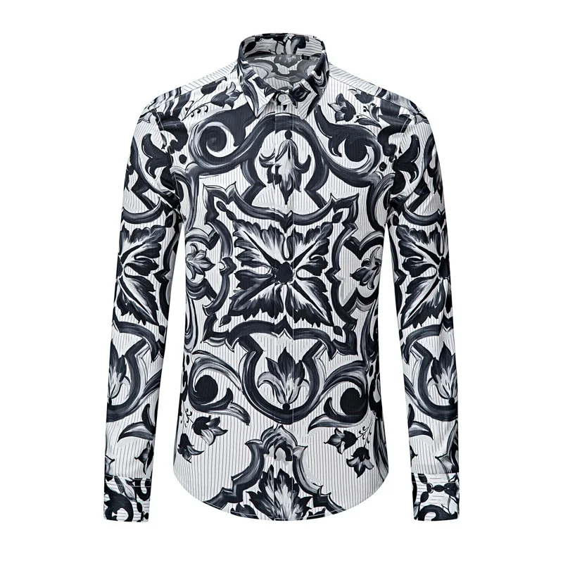Palace Style Printed Men's Long Sleeved Shirt Luxury Retro Casual Business Dress Shirt Trendy Social Nightclub Street Wear Top