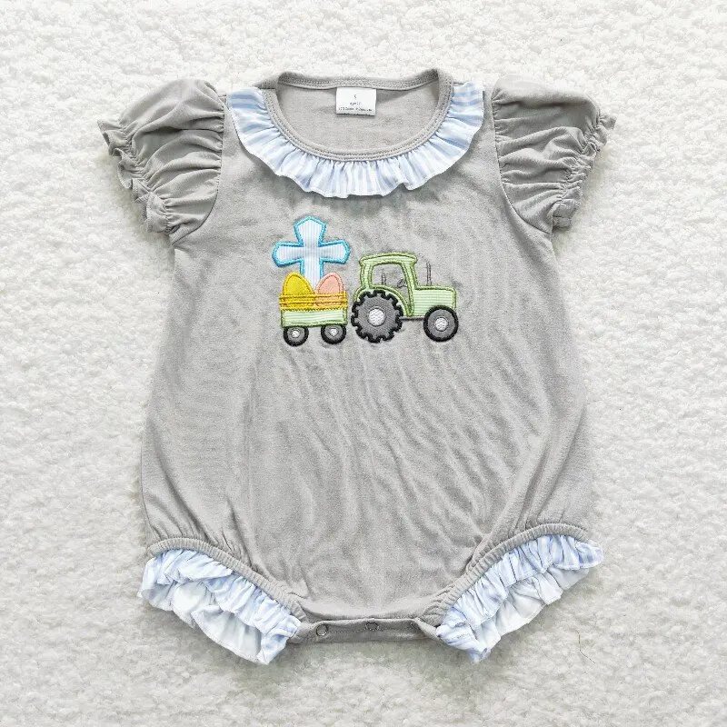 New rts style Easter Gray Girls Rompers Wholesale Boutique Embroidery Cross Easter Egg Truck Pattern Girls Short Sleeve Romper