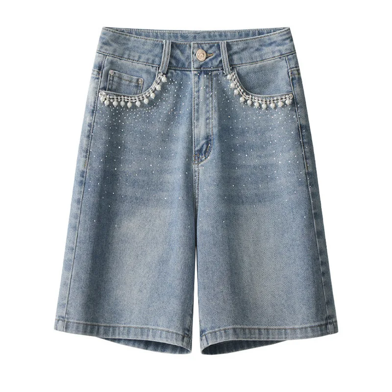 

High Waisted Nail Bead Studded Diamond Women's Denim Pants Summer New Pearl Pocket Wide Leg Pants Loose Straight Leg Shorts
