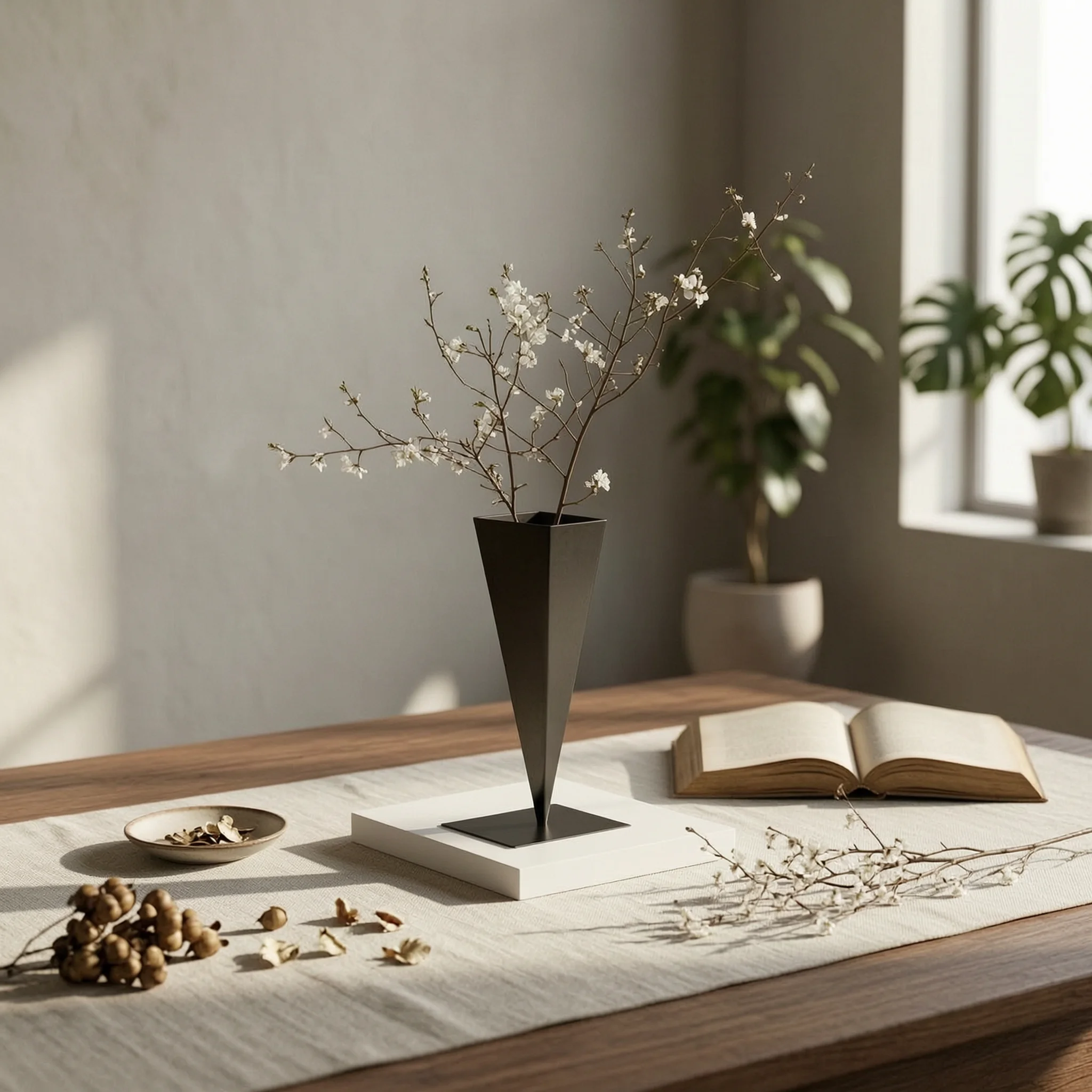 Iron Vase with Square Base Tapered Triangular Vase Flower Holder Modern Vessel Contemporary for Minimalists, Living Room