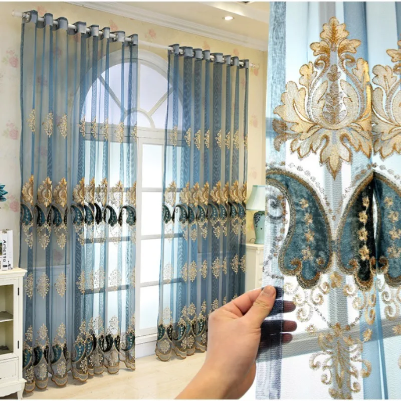 European High-end Embroidery Semi-blackout Blue Gauze Curtains Living Room Bedroom Balcony Curtains