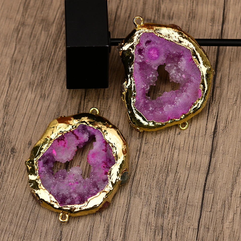 5 Pcs Big Natural Rose Agate Slice Quartz Paved Tourmaline Geode Connector Pendant