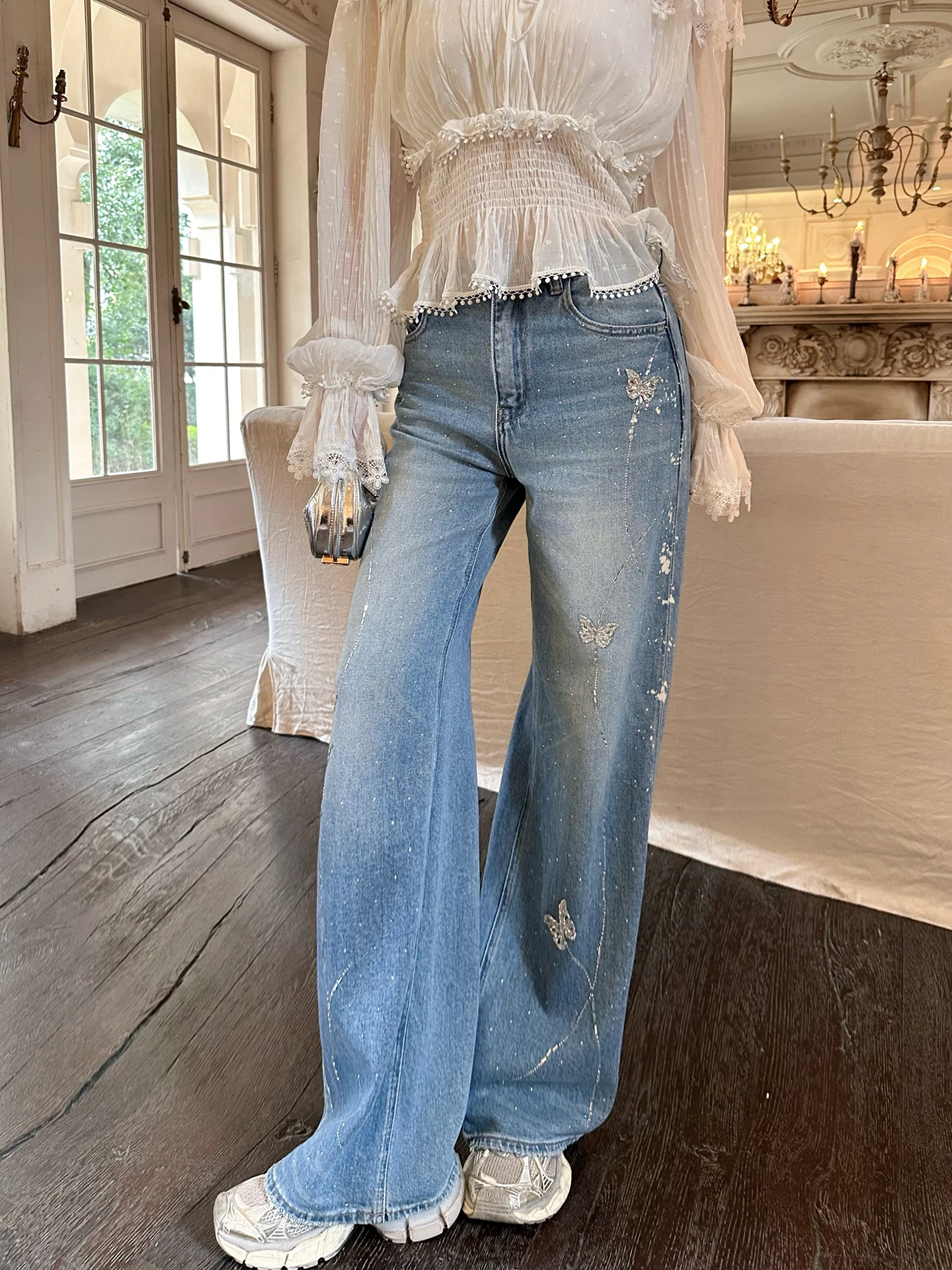 

Azhen American Retro Heavy Du Rhinestone Denim Pants High Waist Wide Leg Ele Sle Winter Collection Ladies