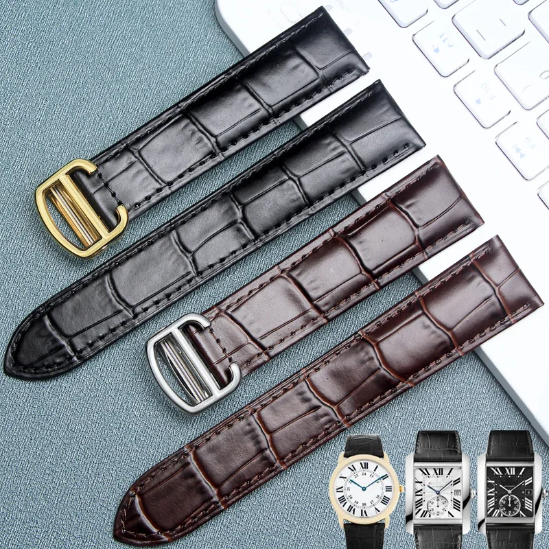 For Cartier Tank Black Brown Watchband Men Women London Solo Bamboo Knot Pattern Cowhide with Tool Watch Strap 17 18 20 22mm