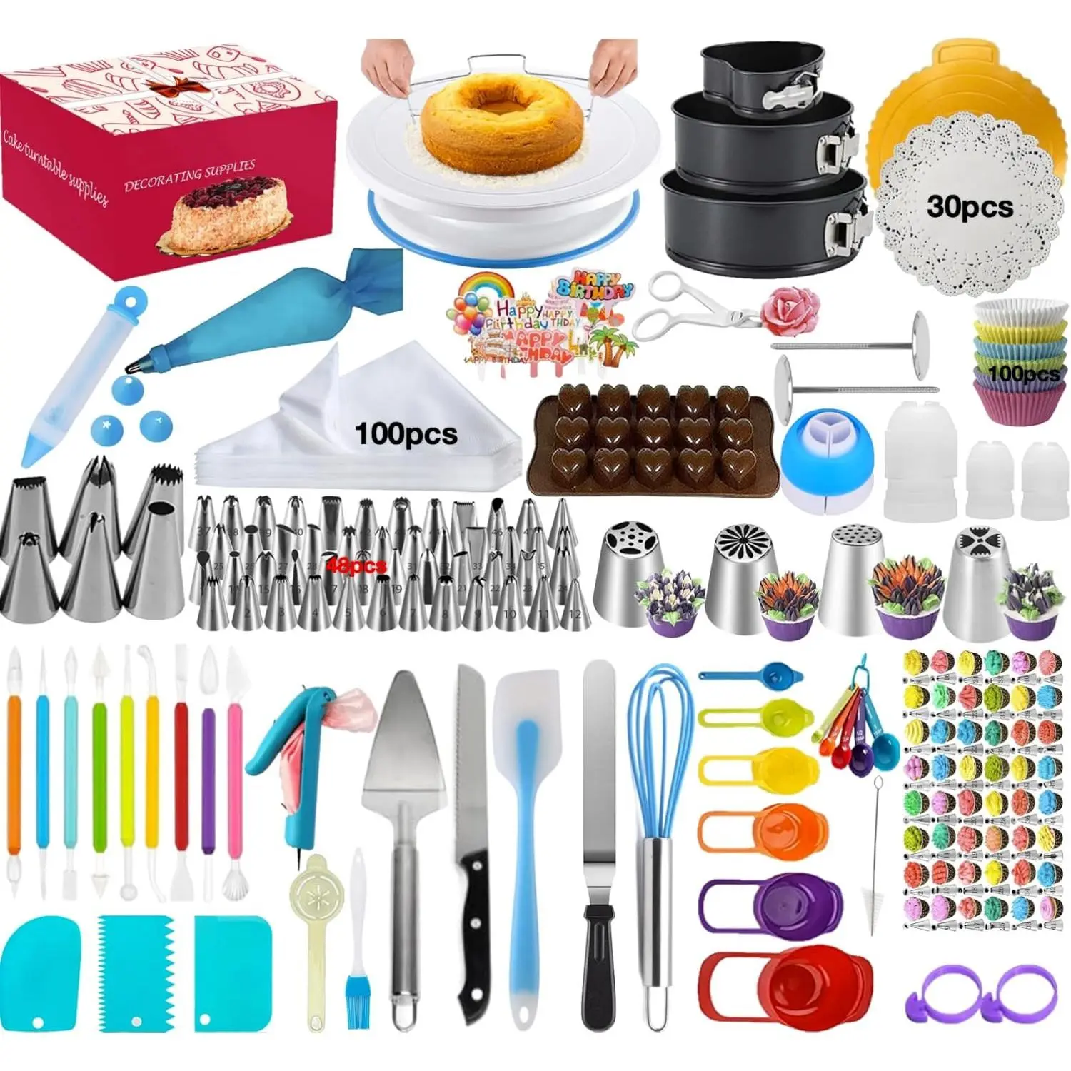 Cake Decorating Supplies,Cake Decorating Kit 3 Packs Springform Cake Pans, Cake Rotating Turntable, 54 Piping Icing Tips, 4 Russ