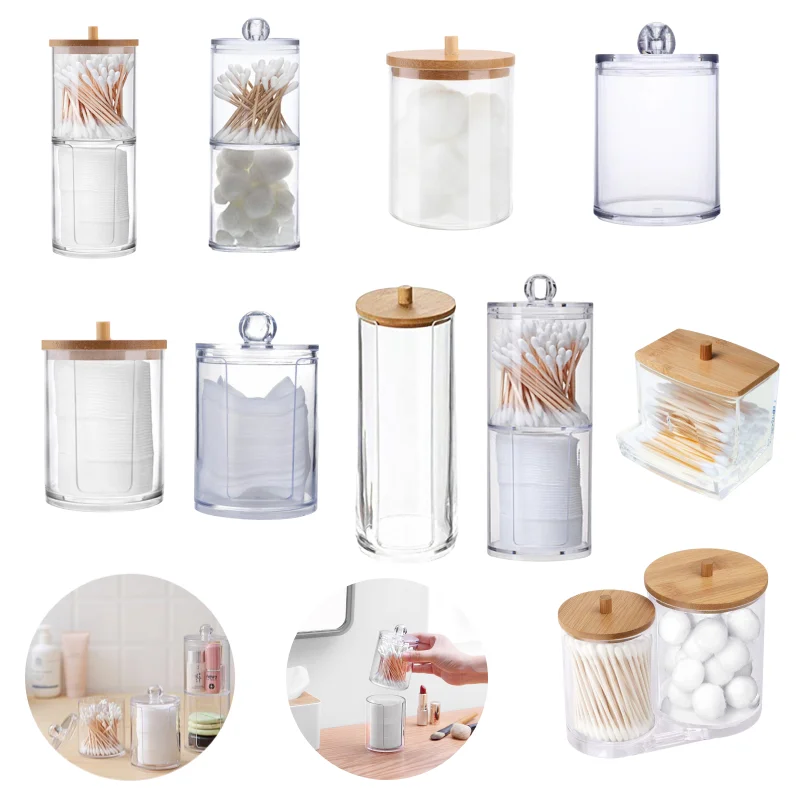 Transparent Bamboo Makeup Cotton Swabs Box Organizer Cosmetics Cotton Pads Holder Acrylic Qtip Container Bathroom Organizer