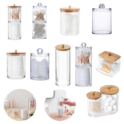 Transparent Bamboo Makeup Cotton Swabs Box Organizer Cosmetics Cotton Pads Holder Acrylic Qtip Container Bathroom Organizer