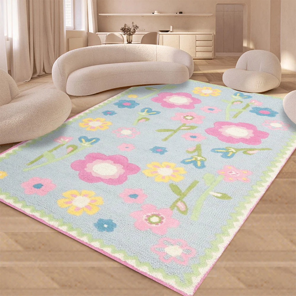 Colorful Flower Pattern Light Blue Kids Play Carpet with Pink Educational Numbers Design for Children Room Cozy Living Room Rug