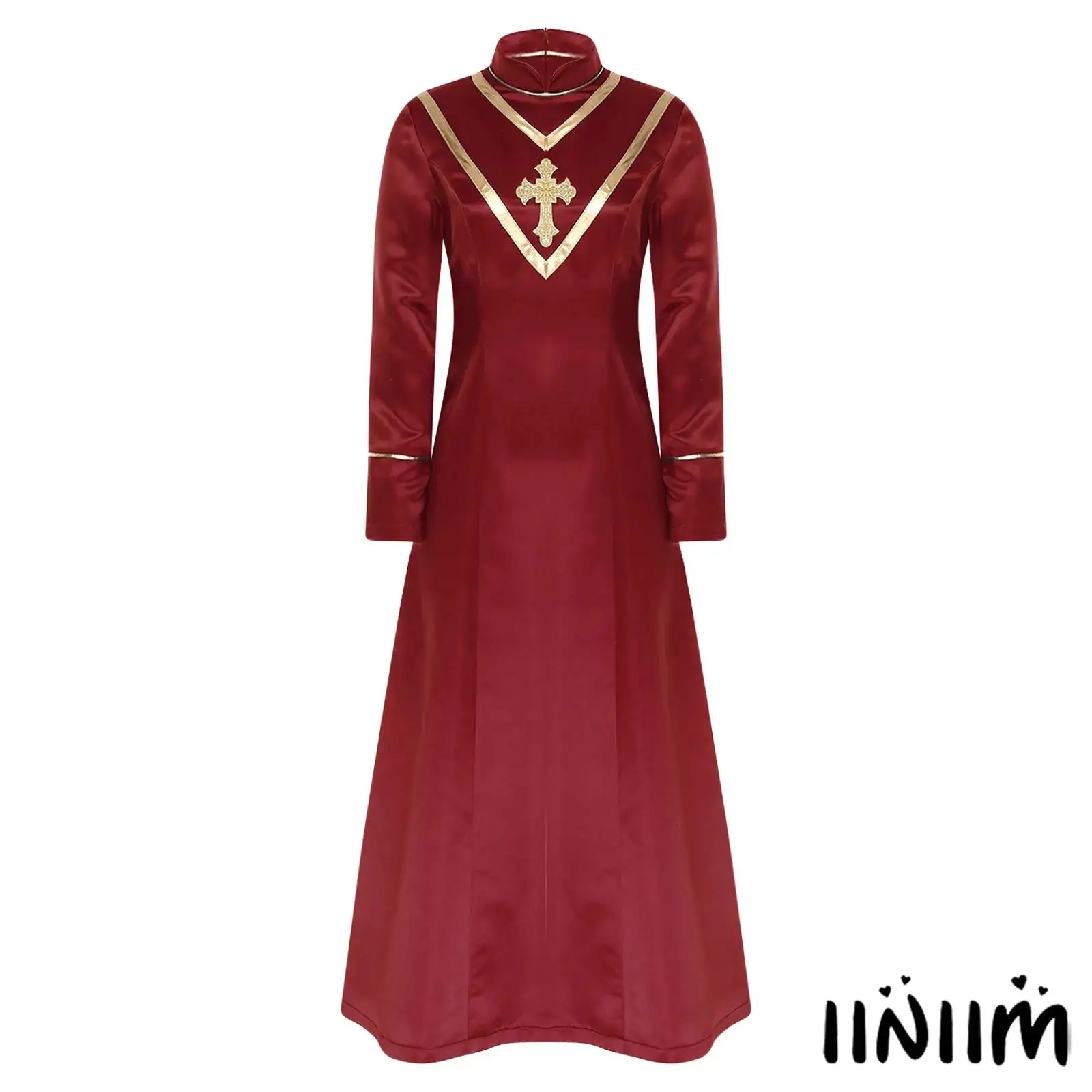 

Gothic Clergy Robe for Women Embroidered Cross Detail with Metallic Trim And Back Zipper Perfect for Halloween Church Cosplay