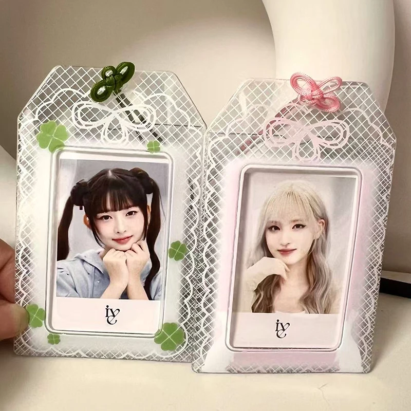 PVC Card Holder Pink Sakura Photo Frame Green Clover Photocard Sleeves Kpop Idol Card Clip Creative Gift
