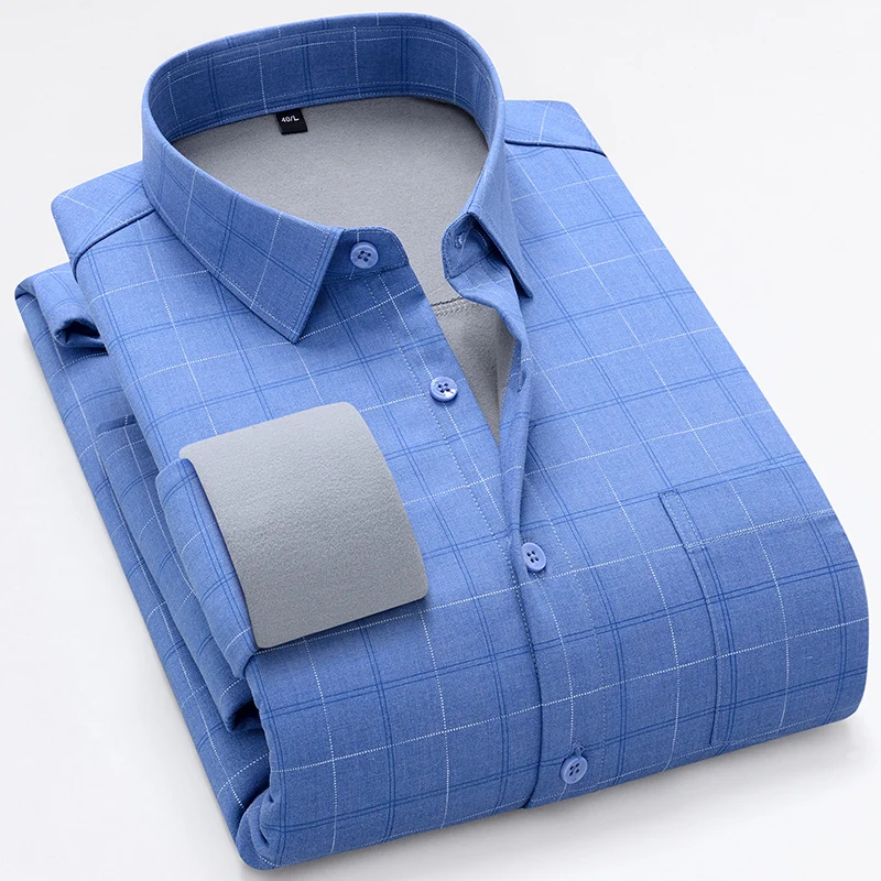 

New in shirt long sleeve shirts for men slim fit formal plain shirt winter warm Thickened soft single pocket work plaid clothes