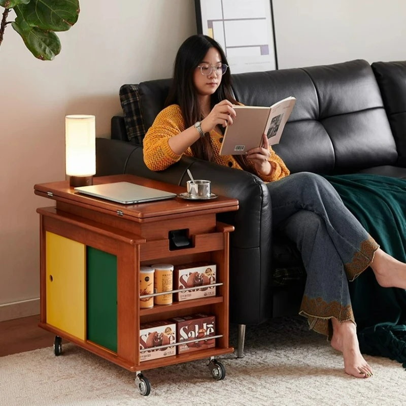 

Mobile cart foldable side table retro living room storage table multi-functional lifting coffee table solid wood