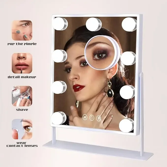 مرآة زينة مضيئة مع 9 لمبات LED، مع مكبر 10x قابل للفصل، 3 أوضاع إضاءة ملونة، 360 درجة °   دوار