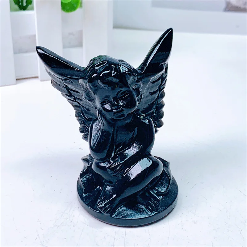 Natural Black Obsidian Angel Crystal Carving Healing Birthday Present Energy Stone Fengshui Home Decoration Holiday Gift 1pcs