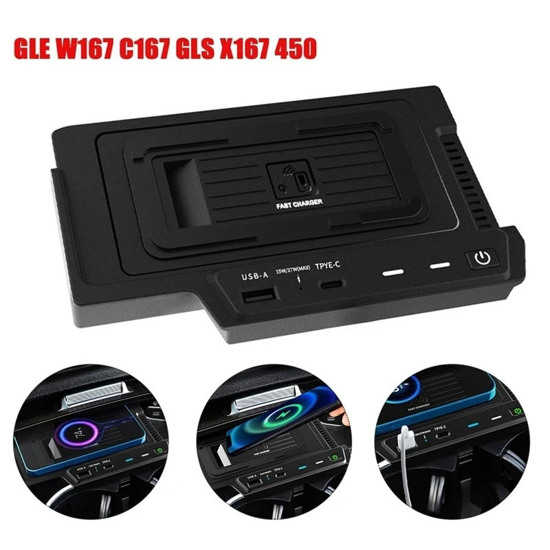 Cargador inalámbrico QI de 15W para coche, piezas de almohadilla de carga rápida para teléfono móvil, para Mercedes Benz GLE W176 GLE350 GLE 450 2020-2022