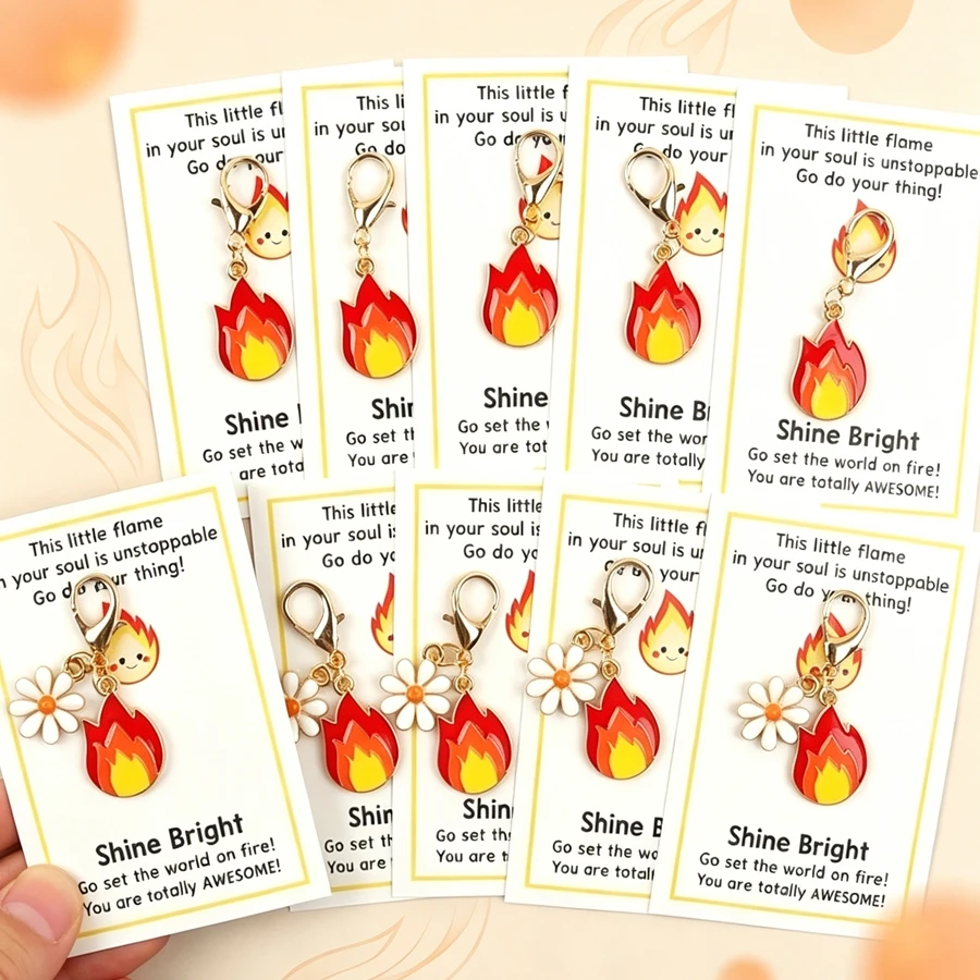 5 porte-clés minimalistes en forme de flamme avec cartes de vœux encourageantes, parfaits comme cadeaux de motivation pour les amis et la famille, ils brillent et illuminent le monde, vous êtes incroyables, offrez-les à des amis qui ont besoin d'être encouragés.