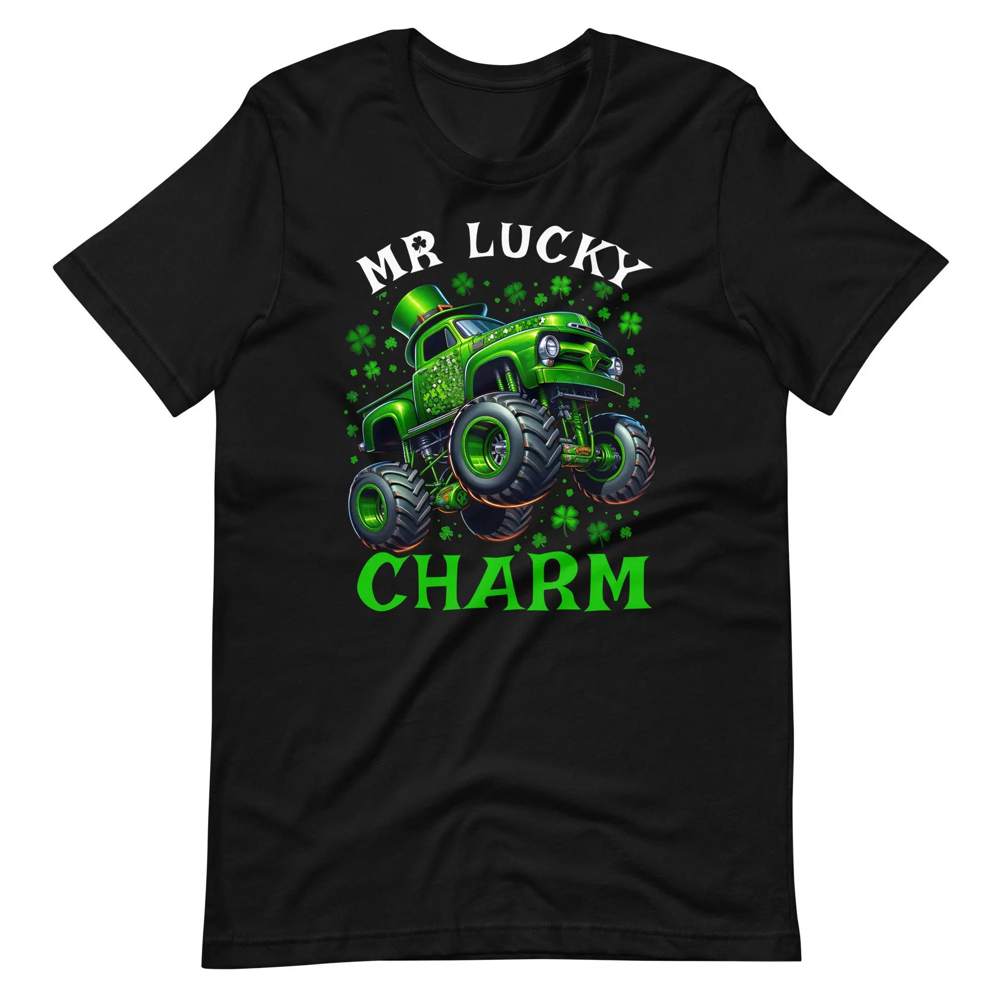 Mr Lucky Charm Monster Truck Shirt with Shamrock, Three Leaf Clover Kids Graphic Tee, St Patricks Day for Boys monster truck