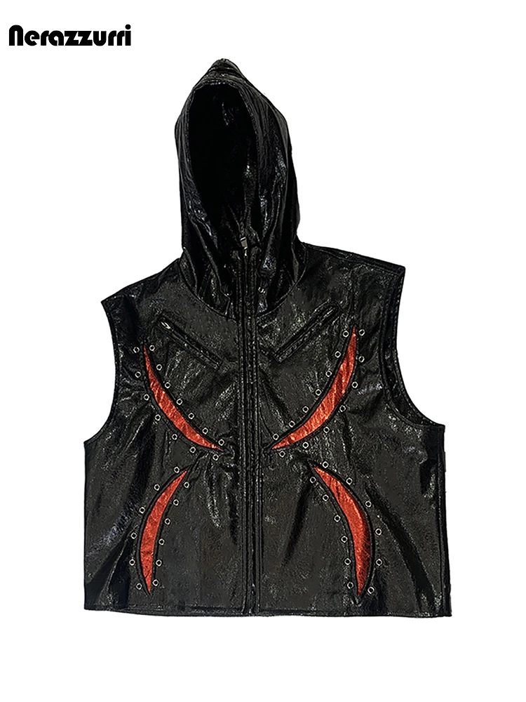 Nerazzurri Summer Autumn Short Color Block Patchwork Pu Leather Vest Men with Hood Luxury Punk Style Zip Up Sleeveless Jacket