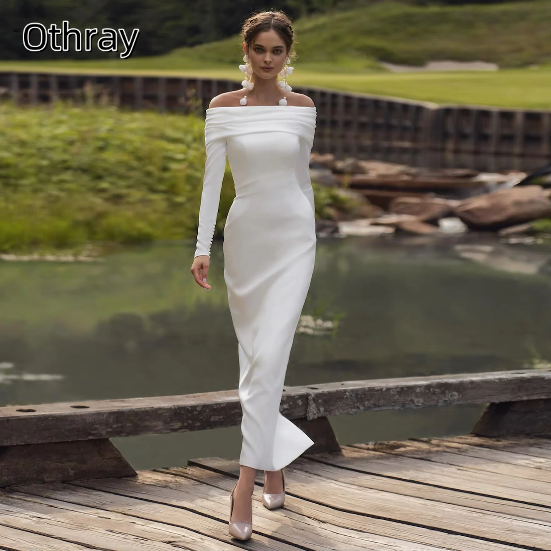 Othray Simple Sheath Long Sleeves Bridal Dresses For Women Off The Shoulder Buttons Formal Evening Gowns Special Wedding Dress