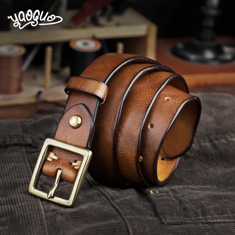 

Retro Leather Men's Belt Handmade Genuine Leather Copper Buckle For Male All-match Casual Jeans Soft Leather Belts