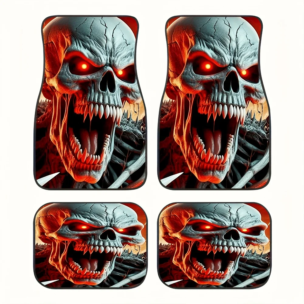 4pcs Vocal Skull Pattern Car Footrest | Universal Front And Rear Floor Mats, Polyester, Metal Texture Dark Skull Print, Universa